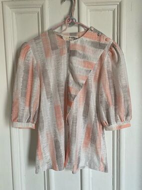 Vintage Light Pink and Gray Puff Sleeve Blouse